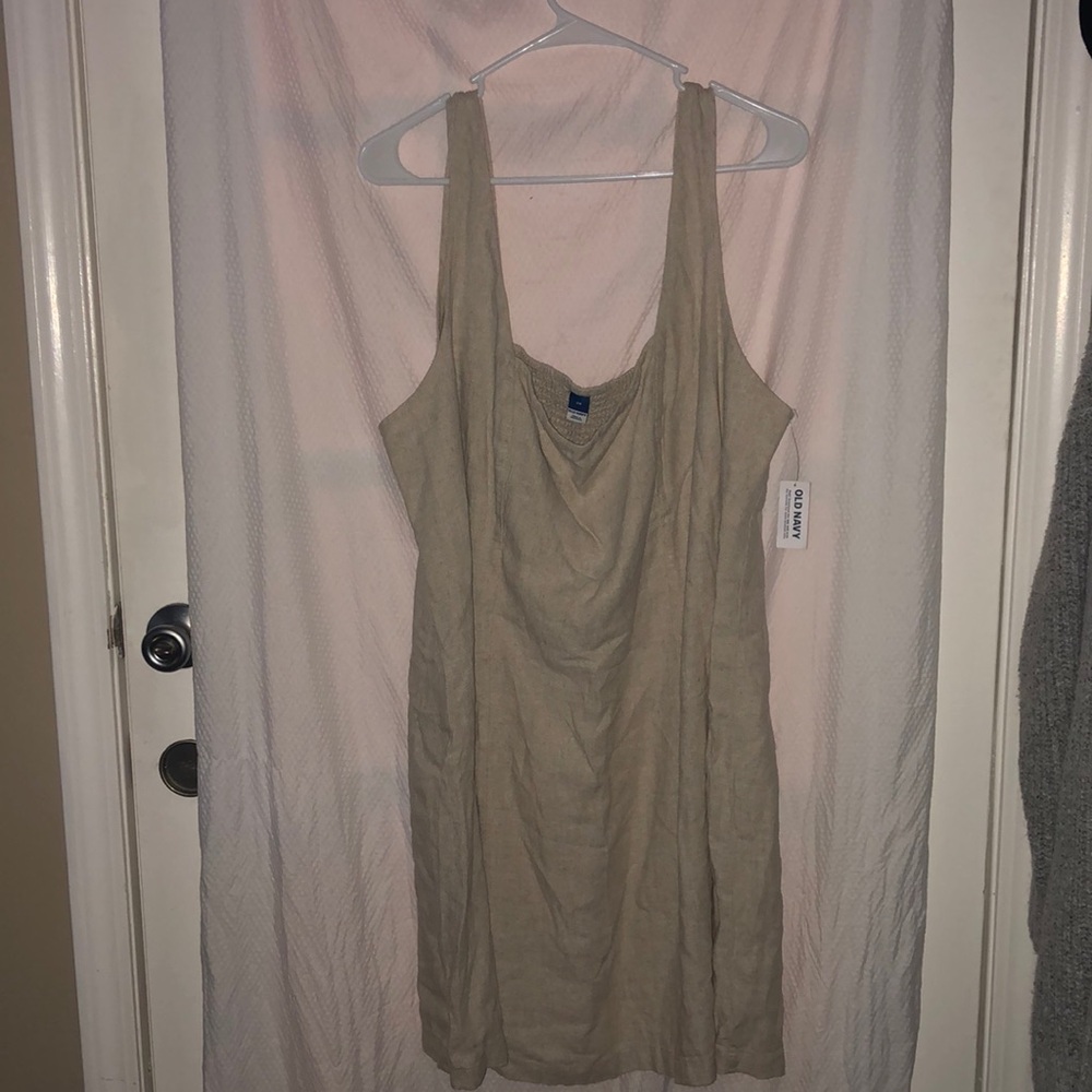 NWT Old Navy Cream/Tan Linen Blend Summer Dress Double Lined Top Mid Thigh Long